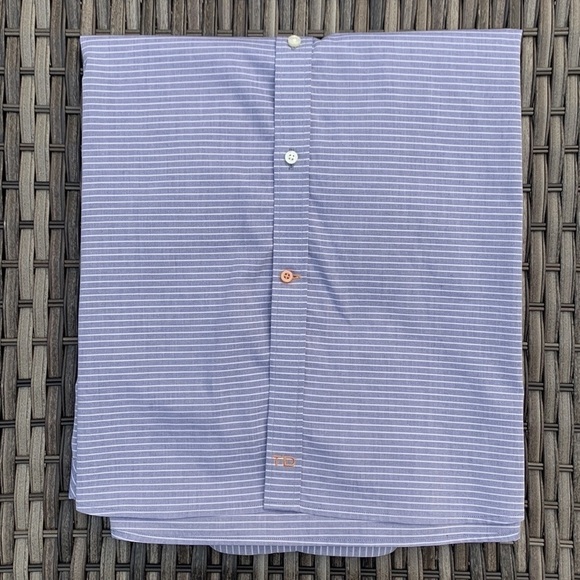 Nwot THOMAS DEAN Blue Chambray and White Striped Short Sleeve Button Down - Picture 10 of 13